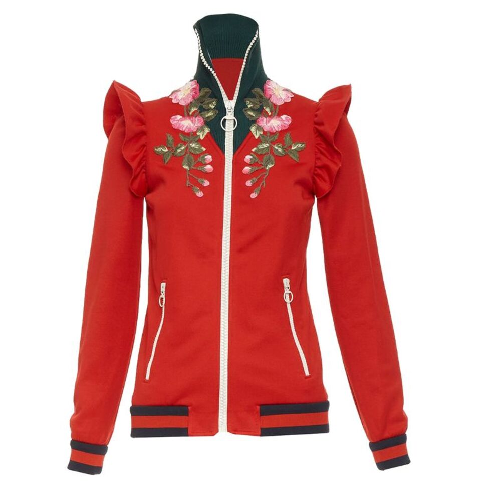 Gucci red pink flower embroidery applique web trim track jacket